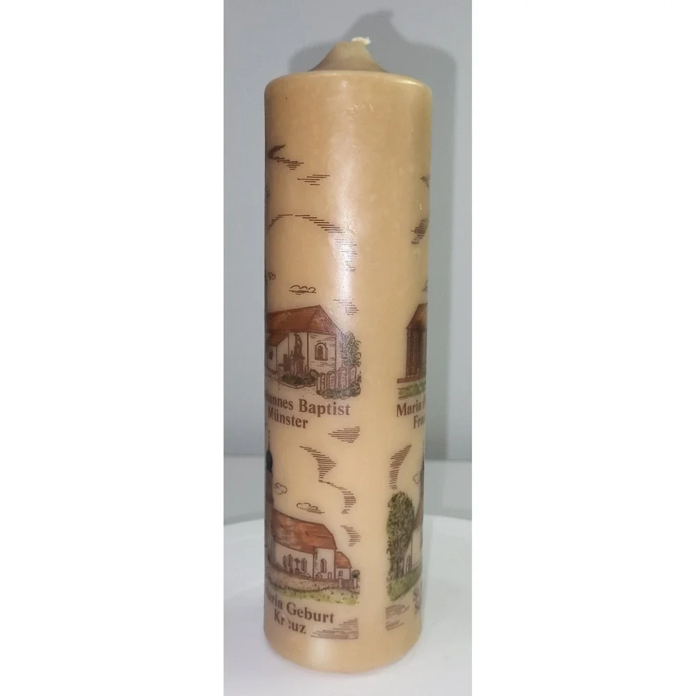 Vintage Pfarrei Glonn German Church Illustrated Pillar Candle Tan 8 Inch